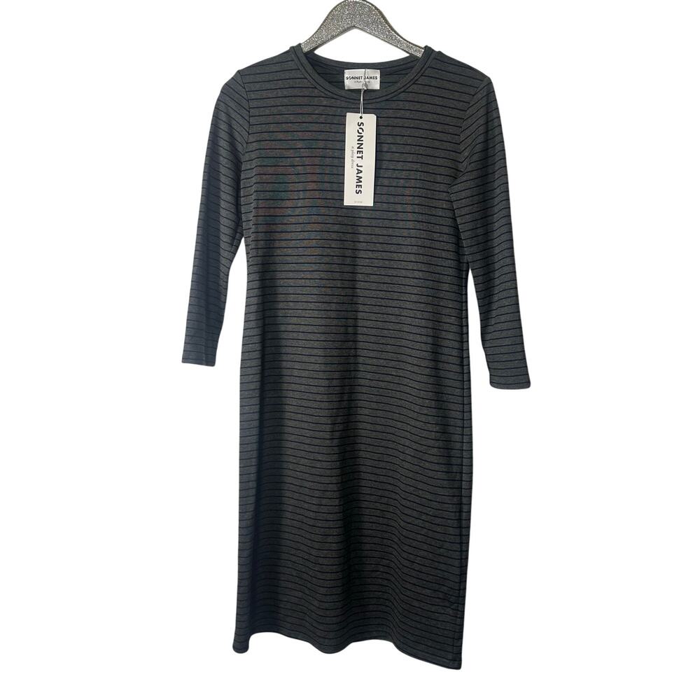 Sonnet James A Play Dress Gray and Navy Blue Stripe Dress NEW